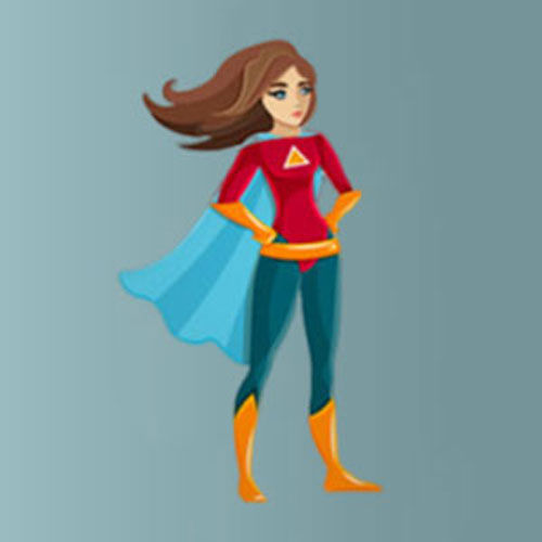 Illustration of a female superhero with long brown hair, wearing a red top with a triangular emblem, teal pants, and a flowing blue cape. She stands confidently with hands on hips against a gray background.